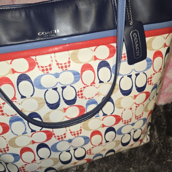 Coach large tote bag in navy leather and white coated canvas with a red, blue - Picture 2 of 6